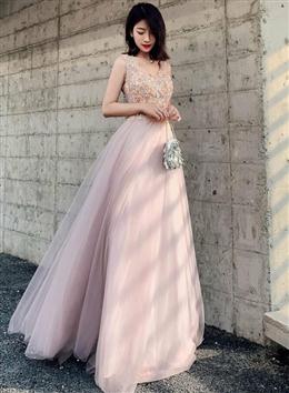 Picture of Pretty V-neckline Pink Tulle with Lace Long Party Dress, A-line Pink Formal Dress